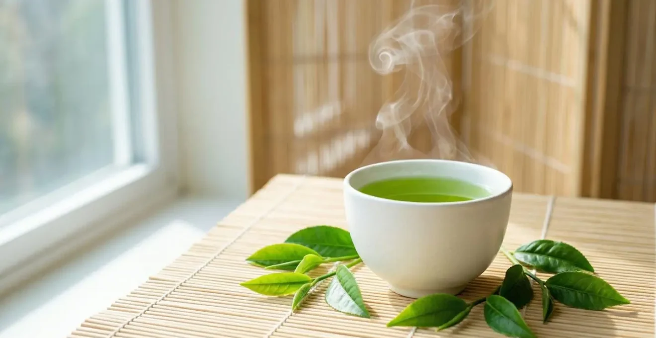 Tasse de thé vert avec feuilles fraîches et vapeur délicate, symbolisant les catéchines protectrices pour le foie.